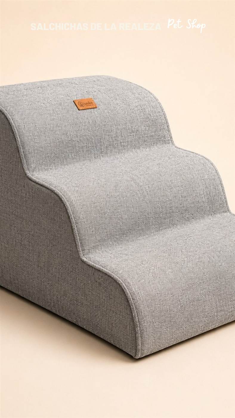 Escalerita tapizada gris de tres peldaños